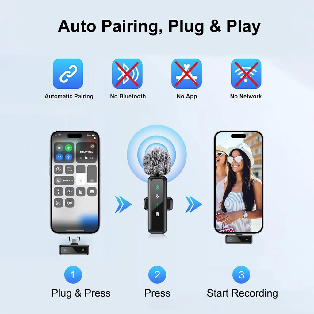 Wireless Lavalier Microphone with Noise Reduction for iPhone Android Phone/Laptop Live Vlog YouTube TikTok Audio Video Recording